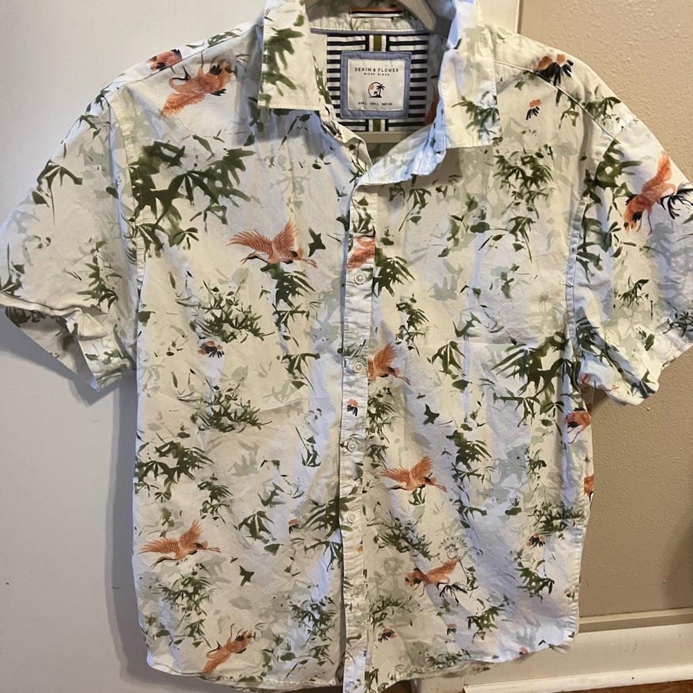 Large Flamingo Denim and Flowers button up collared shirt